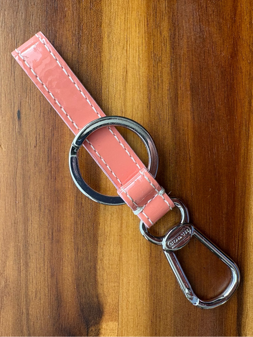 COACH Pink Patent Leather Wristlet Keychain with Silver Hardware